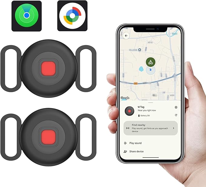 Bluetooth Dog Tracker Tag, Pet Tracker for Dogs with Silicone Collar Holder, Works with Apple Find My & Android Find Hub, IP67 Waterproof Anti-Lost Locator, Black 2 Pack