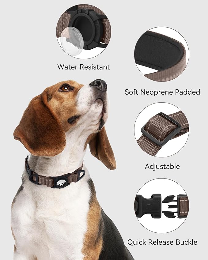 Joytale Airtag Dog Collar, Reflective Pet Collar with Waterproof AirTag Holder, Dual D-Rings, Soft Padded Adjustable for Medium Dogs, Brown, M