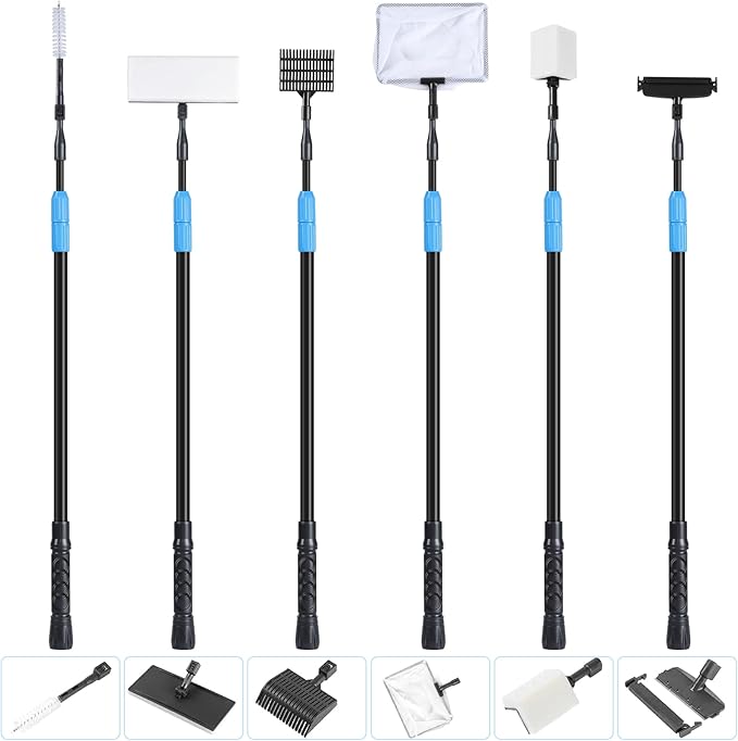AquaMiracle 6 in 1 Aquarium Cleaning Tool Kit Fish Tank Cleaning Kit for 20-160 Gallon Tank with Telescopic Long Handle, Algae Scraper, Scrubber Pads, Tube Cleaner, Fish net, Gravel Rake