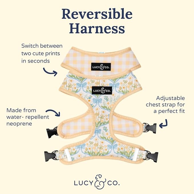 Lucy & Co. Sunshine and Daffodils Reversible Dog Harness, Adjustable Comfort Fit with Dual Leash Attachments, Small
