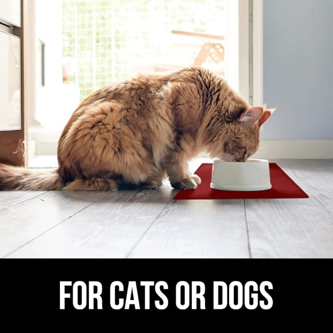 GORILLA GRIP 100% Waterproof Raised Edge BPA Free Silicone Pet Feeding Mat, Dog Cat Food Mats Contain Spills Protects Floors, Placemats for Cats and Dogs Water Bowl, Pets Accessories 32x24 Red