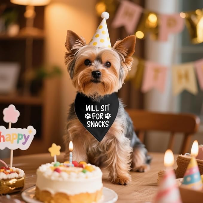 Will Sit for Snacks Black Dog Bandana, Puppy Scarf Accessory Photo Prop for Dogs Lover, Funny Quotes Birthday Puppy Scarf Accessory, Mother's Day Birthday for Dog Mom Dad