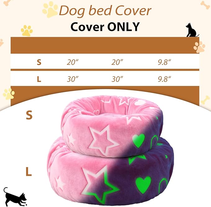 Round Replacement Dog Bed Cover - Elastic Edged Washable Protector with Glow in The Dark Heart Pattern for Small & Medium Beds, Cover Only, 30"x9.8"