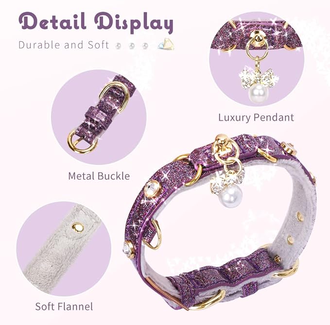 PetsHome Cat Collar, Dog Collar, [Bling Rhinestones] PU Leather Adjustable Pet Collar with Luxury Pendant for Big Cat and Small to Medium Dog Small Purple