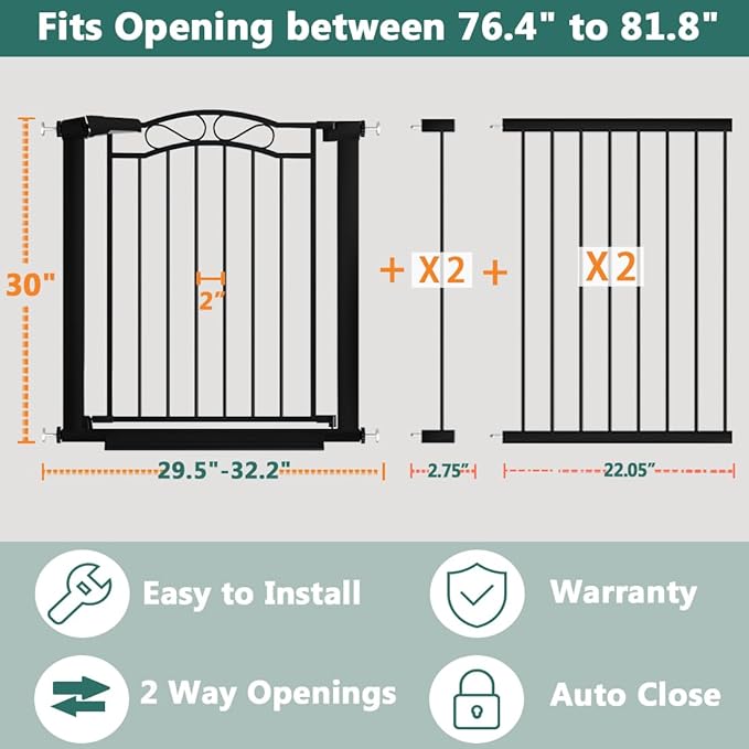 Fairy Baby 76.4"-81.8" Extra Wide Baby Gate for Stairs Doorways, Pressure Mount Pet Gate Auto Close Safety Child Gate, Long Large Dog Gate Indoor for House, 77 78 79 80 81 Inches Wide, Black