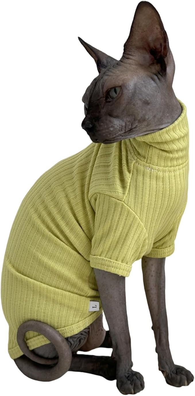 Sphynx Cats Shirt Cat Turtleneck Cotton Sweater Pullover Kitten T-Shirts with Sleeves Cat Pajamas Jumpsuit for Sphynx Cornish Rex, Devon Rex, Peterbald (X-Large (Pack of 1), Green Yellow)