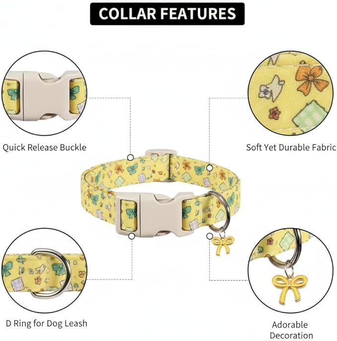 Small Dog Collar with Cute Bowtie Print, Girl Dog Collar for Puppy, Extra Small & Small Dogs, Spring Summer Yellow Puppy Collar with Pendant and Soft Fabric, XS