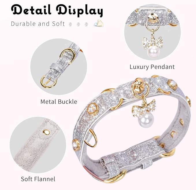 PetsHome Cat Collar, Dog Collar, [Bling Rhinestones] PU Leather Adjustable Pet Collar with Luxury Pendant for Big Cat and Small to Medium Dog Small Silvery