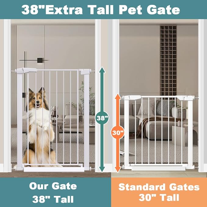 Fairy Baby 38" Extra Tall Baby Gate, 29.5"-40.5" Extra Wide Pet Gate for Dogs Puppy, Metal Auto Close Safety Child Gate for Stairs Doorways, Easy Install Pressure Mounted Dog Gate Indoor, White