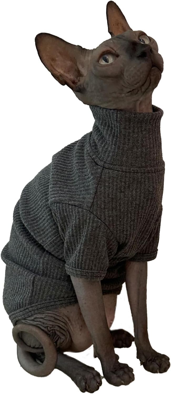 Sphynx Cats Shirt Cat Turtleneck Cotton Sweater Pullover Kitten T-Shirts with Sleeves Cat Pajamas Jumpsuit for Sphynx Cornish Rex, Devon Rex, Peterbald (XX-Large (Pack of 1), Deep Grey)