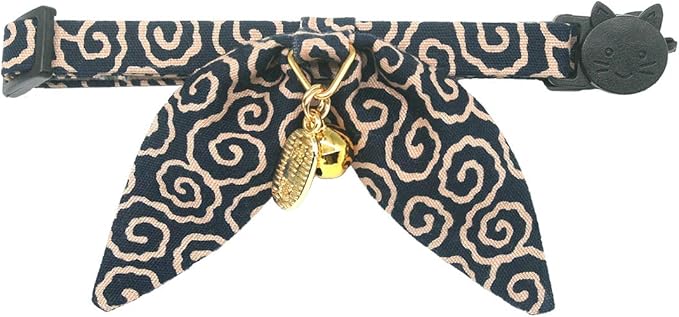 PetSoKoo Bunny Ears Cat Collar, Japan Lucky ‘開三運’ Charm. Safety Breakaway Bowtie Kitten Collar with Bell, Navy Blue