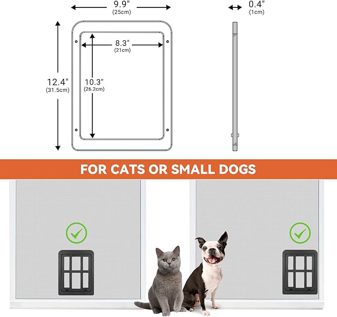PETLESO Small Pet Door for Screen & Sliding Doors - 8.3" x 10.3" Magnetic Flap Auto Closing with Lockable Insert, Ideal for Cats and Small Dogs, White