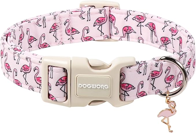 DOGWONG Cute Pet Dog Collar Pink Flamingos Cotton Dog Collar- Soft Girl Puppy Adjustable Pet Collars for Small Medium Large Dogs,L