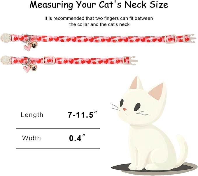 2 Pack Valentines Cat Collars - Valentine Breakaway Cat Collar with Bell, Pink and Red Heart Pendant, Adjustable Kitten Collars for Girl Boy Cats, Cute Red Hearts