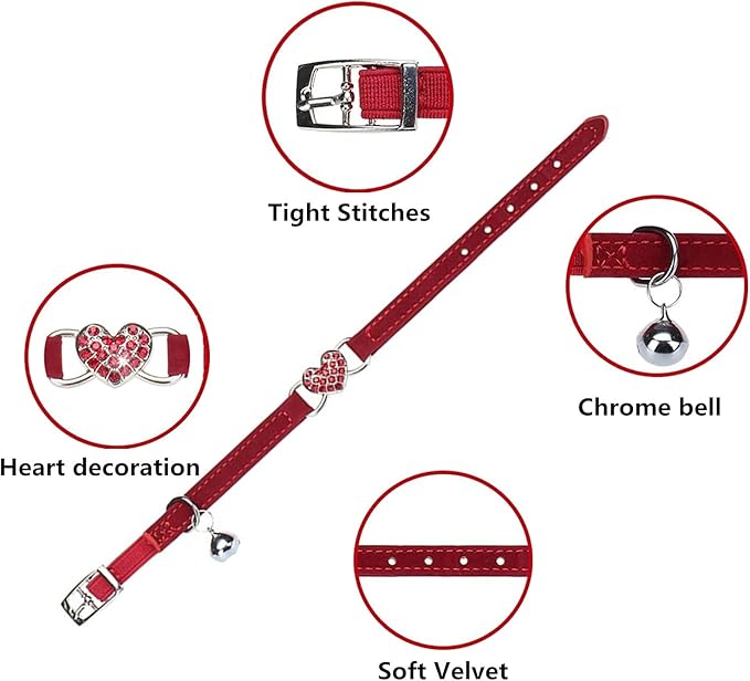Heart Bling Cat Collar with Safety Belt and Bell Adjustable 8-10 inches for Kitten Cats (Red)