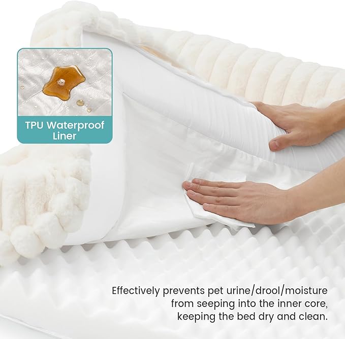 Cute Dog Bed, Faux Rabbit Fur Orthopedic Foam Dog Bed with Sides, Removable Washable Cover & Waterproof Lining, Comfortable Pet Couch for Large Dogs, Cream (44" L x 32" W x 7" Th)