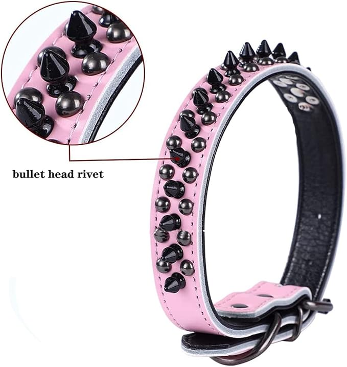 Spiked Studded Dog Collar, Genuine Leather Dog Collar, Adjustable Pet Collars for Medium Large Bulldog Pitbull Mastiff Poodle Boxer (L:37-47cm, Blue-1)