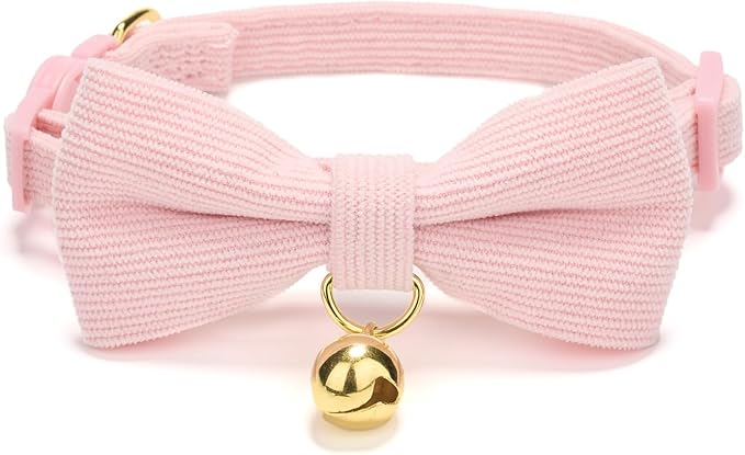 Soft Corduroy Cat Collar with Bell and Bowtie, Safety Breakaway Clasp, Adjustable for Kitten and Cats Pink Color.