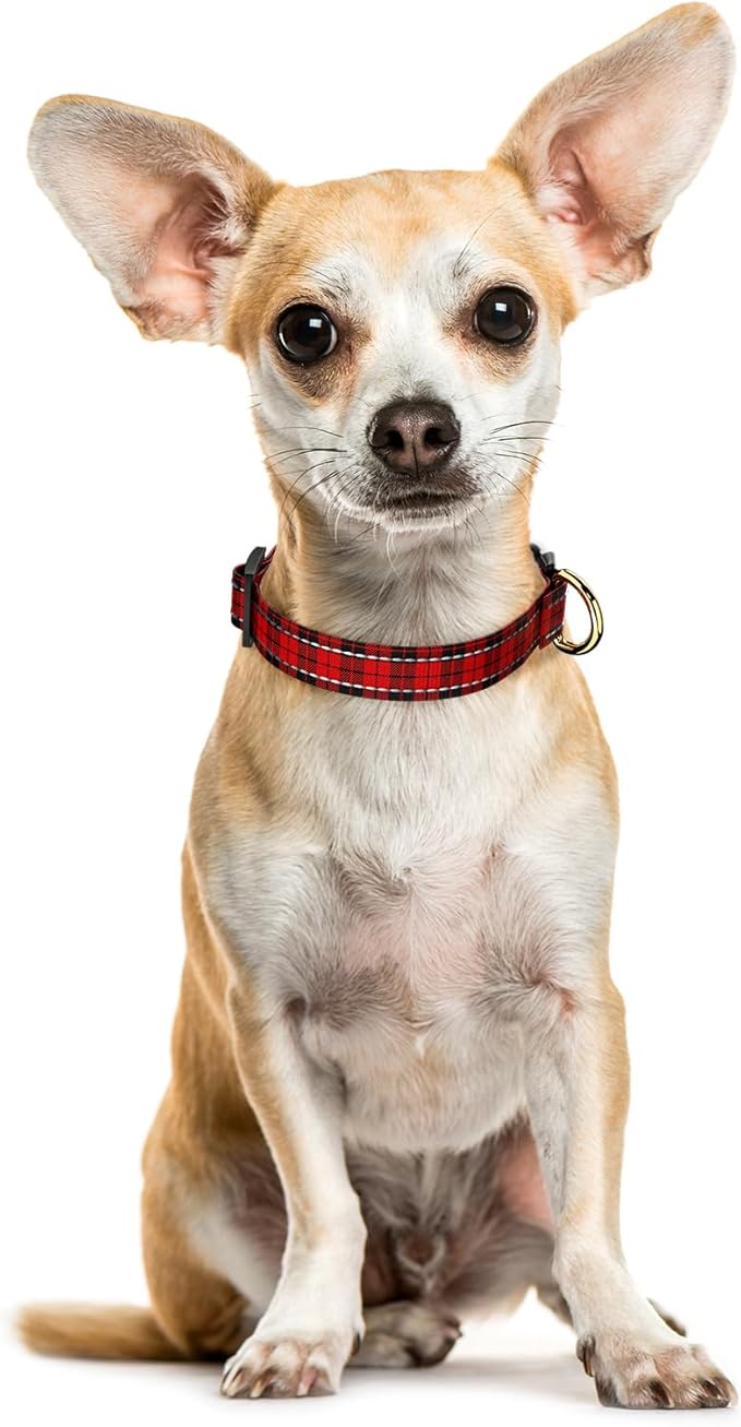 Reflective Dog Collar for Extra Small Dogs, Cute Boho Adjustable Heavy-Duty Nylon Puppy Collar for Boy and Girl Female, Soft Pet Accessories with Quick Release Buckle, Black Red Tartan