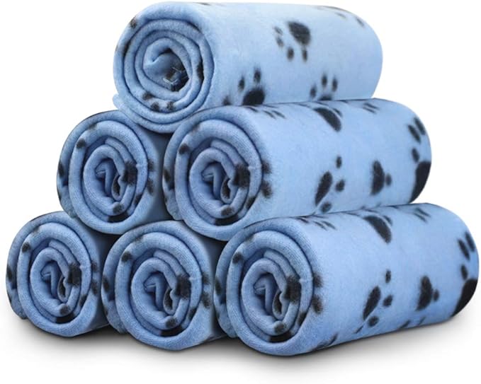 Comsmart Dog Blankets for Small Dogs, 6 Pack Puppy Blanket Cute Paw Print Pet Blanket for Dog, Puppy, Cat, Kitten, 24x28 inches, Blue