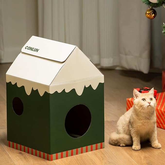 Cardboard Cat House with Scratch Pad & Catnip, Cat Play Scratching House for Indoor Hideaway Furniture, Heavy Duty Sturdy Cardboard Scratcher, Easy to Assemble Birthday Gift, Medium
