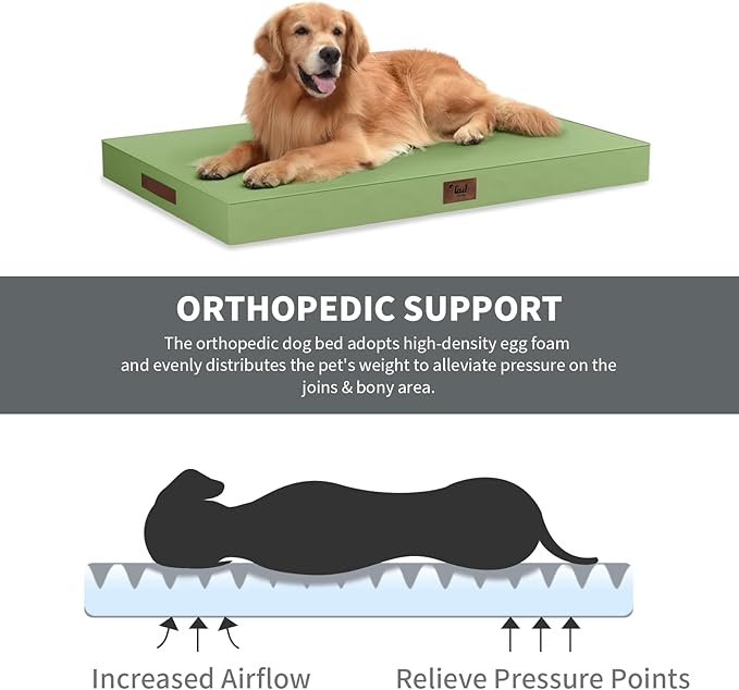 Outdoor Orthopedic Dog Bed, Waterproof Dog Bed for Large Dogs 36x27 Inch, Egg Crate Foam Pet Mat with Washable Removable Oxford Cooling Cover, Light Green