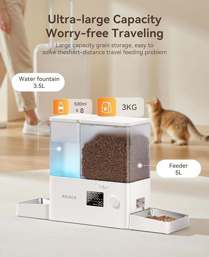 ROJECO Automatic Cat Feeder and Water Dispenser,36Cups/8.5L 2-in-1 Stainless Steel Bowls Large Capacity Cat Food Dispenser and Gravity Water Fountain for Cats Small Dogs Puppies Kittens Pets