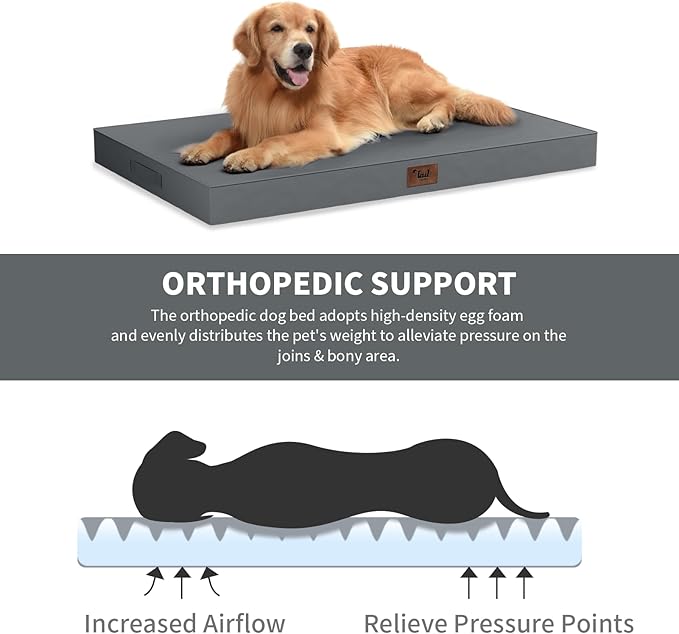 Outdoor Dog Bed for Small Dogs, Waterproof Dog Crate Bed for Medium Dogs Cats, Orthopedic Egg Crate Foam Pet Bed with Washable Removable Oxford Cover, Grey
