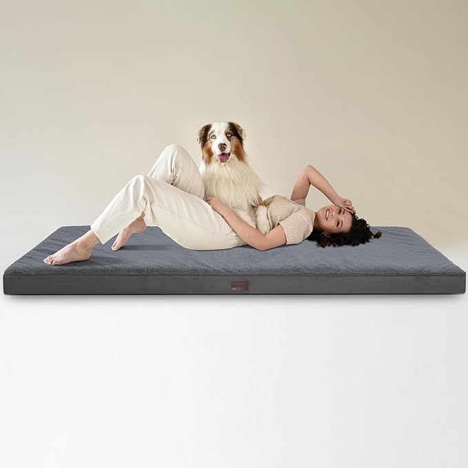 MIHIKK Waterproof Human Dog Bed Orthopedic Dog Beds for Crate with Removable Washable Cover Egg-Crate Foam Pet Pad Mat with Anti-Slip Bottom, 75x38 Inch, Grey