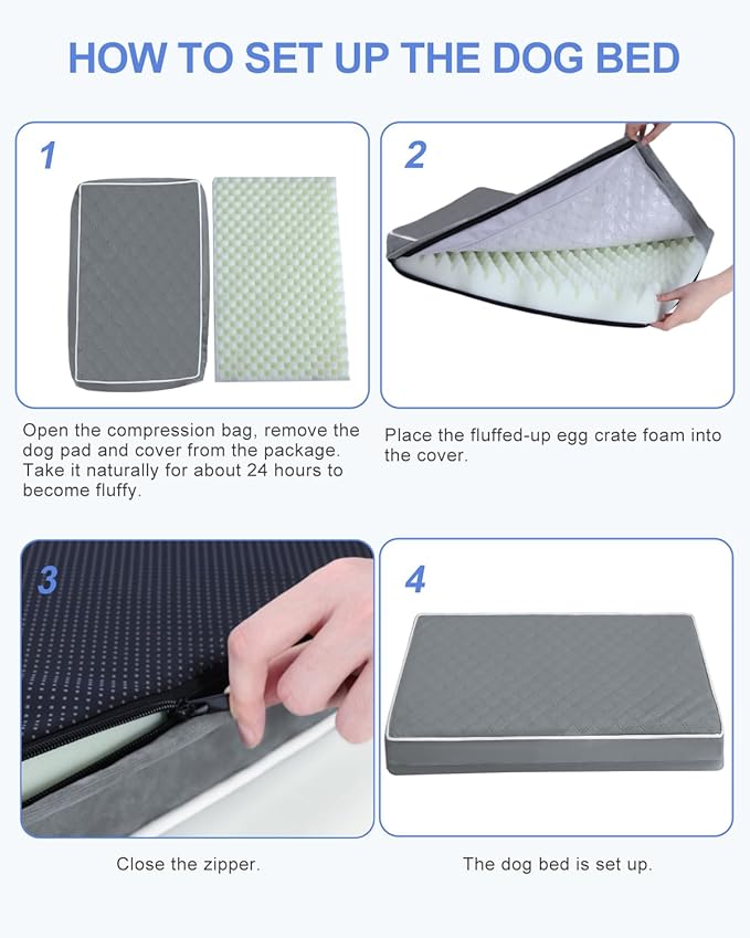 KSIIA Large Dog Bed for Crate Pad Waterproof Dog Bed with Removable Washable Cover, Egg Crate Foam and Non-Slip Bottom, 35x22 Inch, Dark Gray