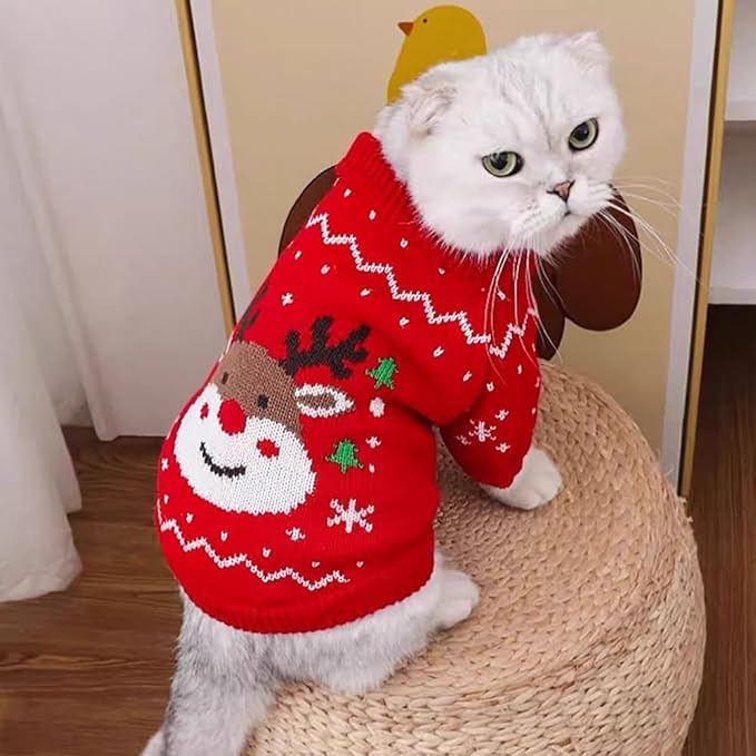 Christmas Dog Outfit Red Puppy Sweater for Small Dogs Girl Boy Elk Snowflake Cat Knitwear Reindeer Knitted Pet Clothes Santa Deer Costume for Chihuahua Yorkie Poodle (Red-2, Medium)