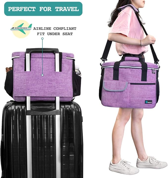 PetAmi Dog Travel Bag - Travel Pet Organizer with Food Container and Bowls, Perfect for Weekend Camping, Cat Diaper Bag (Purple, Medium)