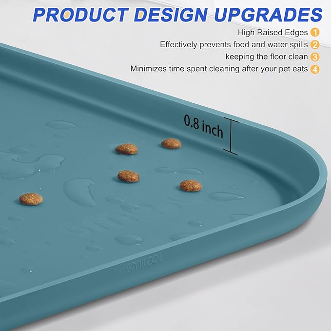 Silicone Pet Feeding Mat with Raised Edge for Food and Water, Dog Bowl Mats, Cat Bowls Placemat with High Lip for Floor Waterproof, Rubber Tray for Cats and Dogs 22 x 14 x0.8 Slate Blue