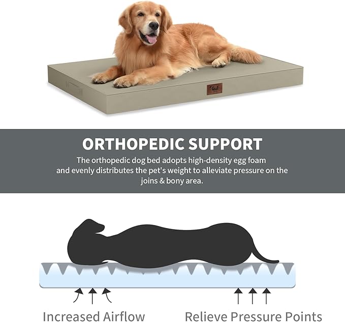 Outdoor Orthopedic Dog Bed for Medium Dogs & Cats, Waterproof Flat Pet Mat with Egg Crate Foam & Washable Removable Oxford Cover, 30x20 Inch, Khaki