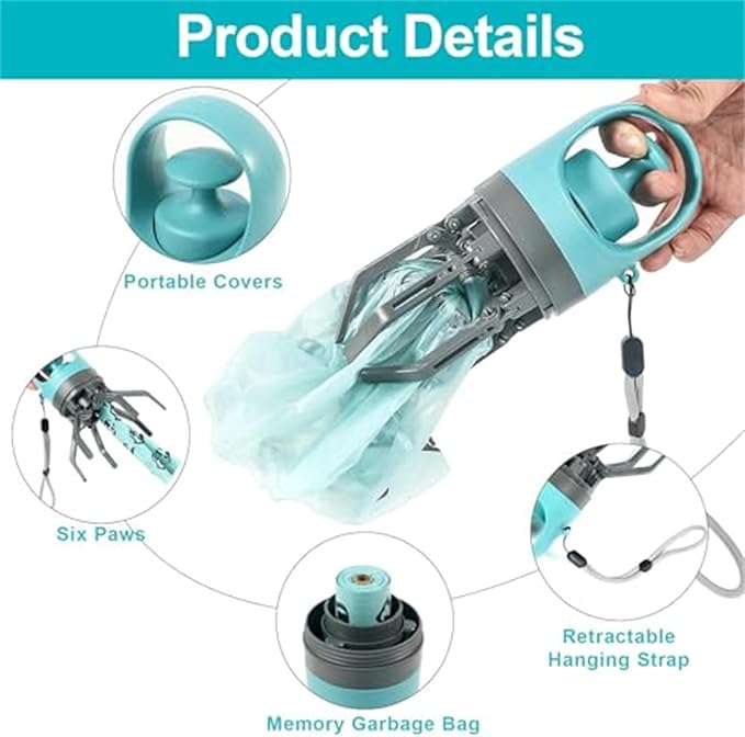 Quick Scoop Poop Scooper, Portable Dog Pooper Scooper, Easy Claw Pick up Tool for Dogs, Leak-Proof Waste Bag Holder for Outdoor Walks (Blue+Blue)