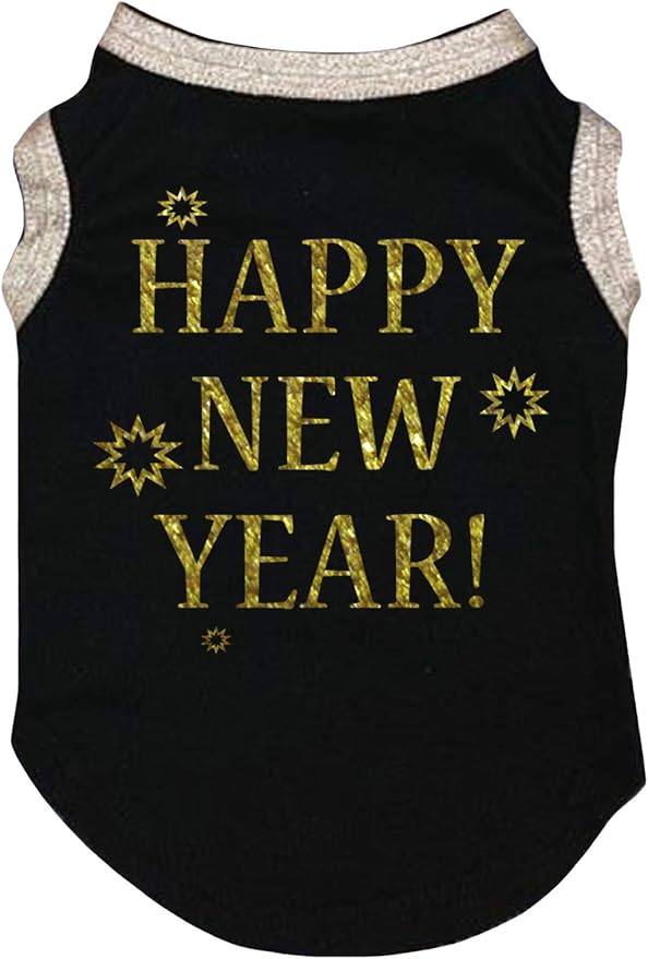 Petitebella Bling Happy New Year Puppy Dog Shirt (Black/Gold, Medium)