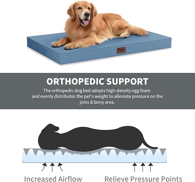 Large Outdoor All Weather Dog Bed, Waterproof Pet Bed for Large Dogs, Orthopedic Egg Crate Foam with Washable Removable Oxford Cooling Cover, 36x27 Inch, Blue