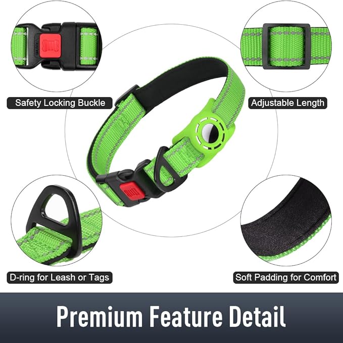 Airtag Dog Collar with AirTag Holder for Puppy Small Dogs, Reflective, Soft Padded & Safety Locking Buckle, Nylon Pet Collars Adjustable for All Breeds, Green,XS