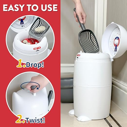 Red Rocket Pets Litter Trash Can for Cat Kitty Twister Plus, Litter Disposal System, No Smell Litter Storage Container with Scooper, 2X Refill Bags and 2X Charcoal Sachets (Standard)