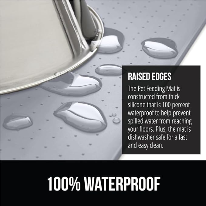 GORILLA GRIP 100% Waterproof Raised Edge BPA Free Silicone Pet Feeding Mat, Dog Cat Food Mats Contain Spills Protects Floors, Placemats for Cats, Dogs Water Bowl, Pets Accessories 18.5x11.5 Light Gray