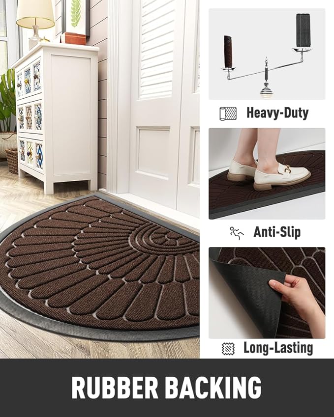 tchdio Door Mat Outdoor Indoor Entrance Doormat-Semicircular Durable Rubber Non Slip Front Door Mat for Outside Inside Entry Entryway Dirt Trapper WelcomeMat for Muddy Paws and Shoes-Brown 17”x30”