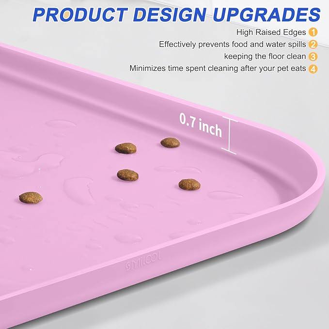 Silicone Pet Feeding Mat with Raised Edge for Food and Water, Dog Bowl Mats, Cat Bowls Placemat with High Lip for Floor Waterproof, Rubber Tray for Cats and Dogs 19 x 12 x0.7 Light Pink