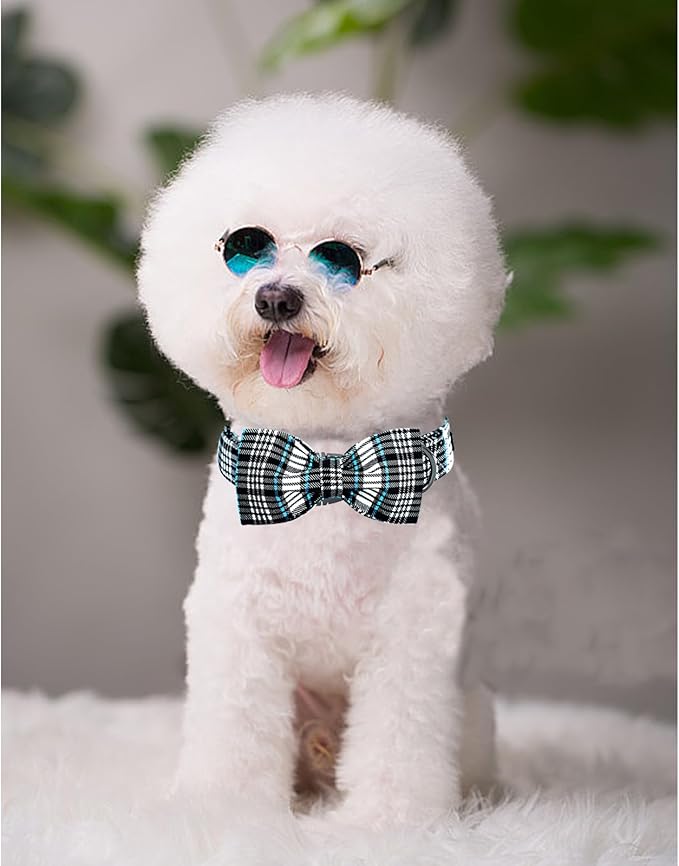 Lionheart glory Dog Bow Collar Blue and Black Plaid Dog Collar for Medium Dogs,Boy Dog Collars with Bowtie Spring Summer Collars Soft Adjustable Pet Collar Bows