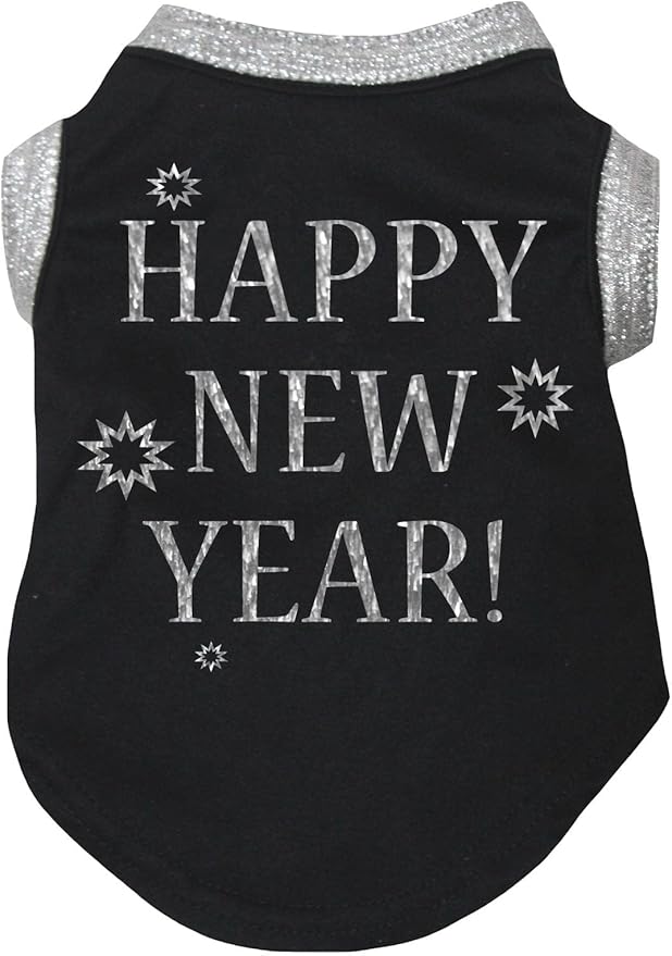 Petitebella Bling Happy New Year Puppy Dog Shirt (Black/Sliver, X-Large)