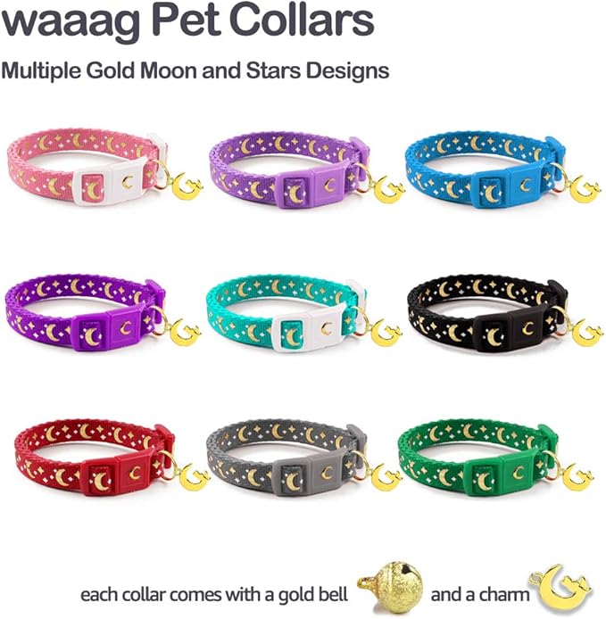 WAAAG Cat Collars, Gold Moons and Stars Cat Collar, Safety Breakaway Cat Collar, Glow in The Dark (Kitten 6.5"-10" Neck, Scarlet)
