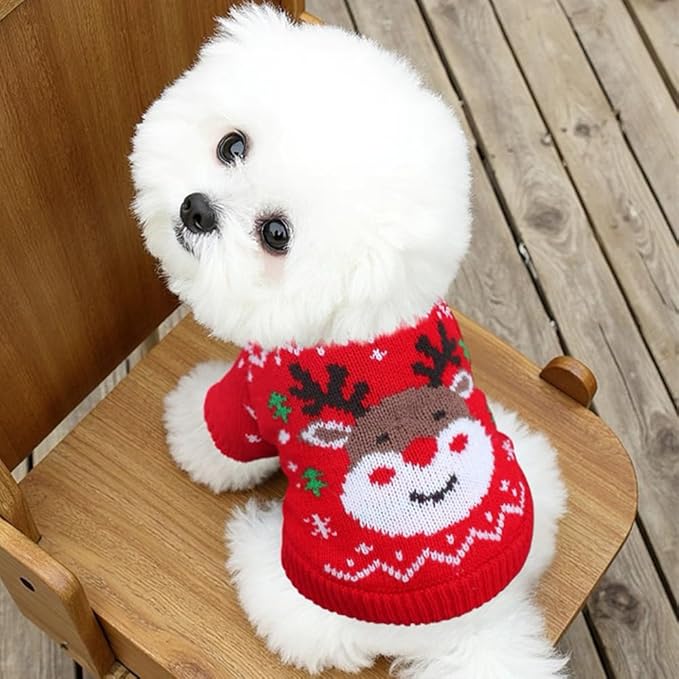 Christmas Dog Outfit Red Puppy Sweater for Small Dogs Girl Boy Elk Snowflake Cat Knitwear Reindeer Knitted Pet Clothes Santa Deer Costume for Chihuahua Yorkie Poodle (Red-2, X-Large)