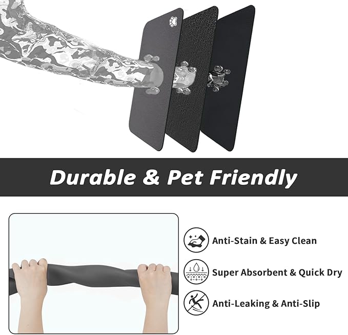 Dog Food Mat - Absorbent Cat Mat for Food and Water, No Stains Pet Feeding Bowl Mat, Easy to Clean Pet Placemats, Quick Dry Dog Water Dispenser Mat for Messy Drinkers | Paw Dark Grey 18"x 34"
