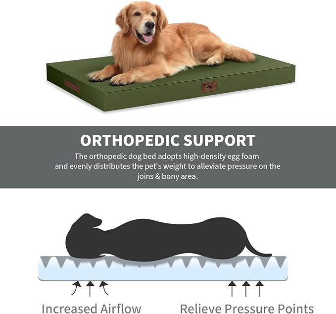 Outdoor Dog Bed for Medium Dogs, Waterproof Dog Crate Mat Orthopedic Egg Crate Foam Pet Bed with Washable Removable Oxford Cover, Amy Green