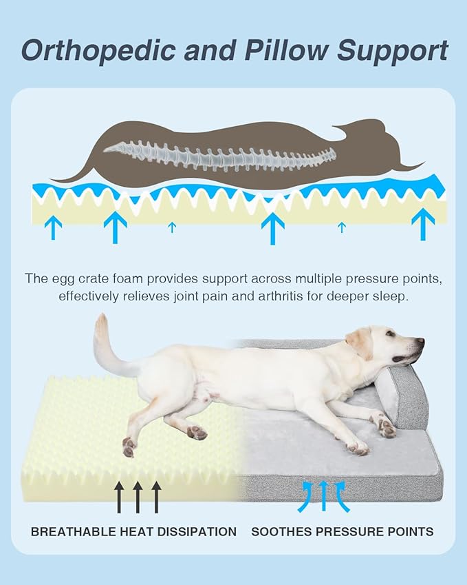 KSIIA Washable Dog Bed XL Senior Dog, Orthopedic Warm Soft Pet Sofa Waterproof Pet Couch with Sides, Non-Slip and Egg-Crate Foam Extra Large Beds with Removable Cover, 41x27Inch, Grey