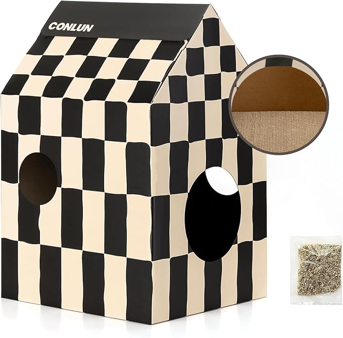 Cardboard Cat House with Scratch Pad & Catnip, Cat Play Scratching House for Indoor Hideaway Furniture, Heavy Duty Sturdy Cardboard Scratcher, Easy to Assemble Birthday Gift, Medium